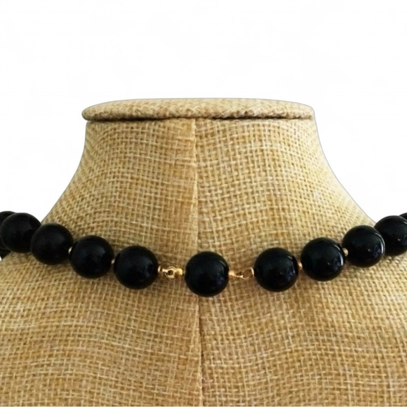 Vtg Black Lucite Beaded Necklace Gold Spacers, Hidden Clasp, 16.5" Collar Length - Picture 8 of 10